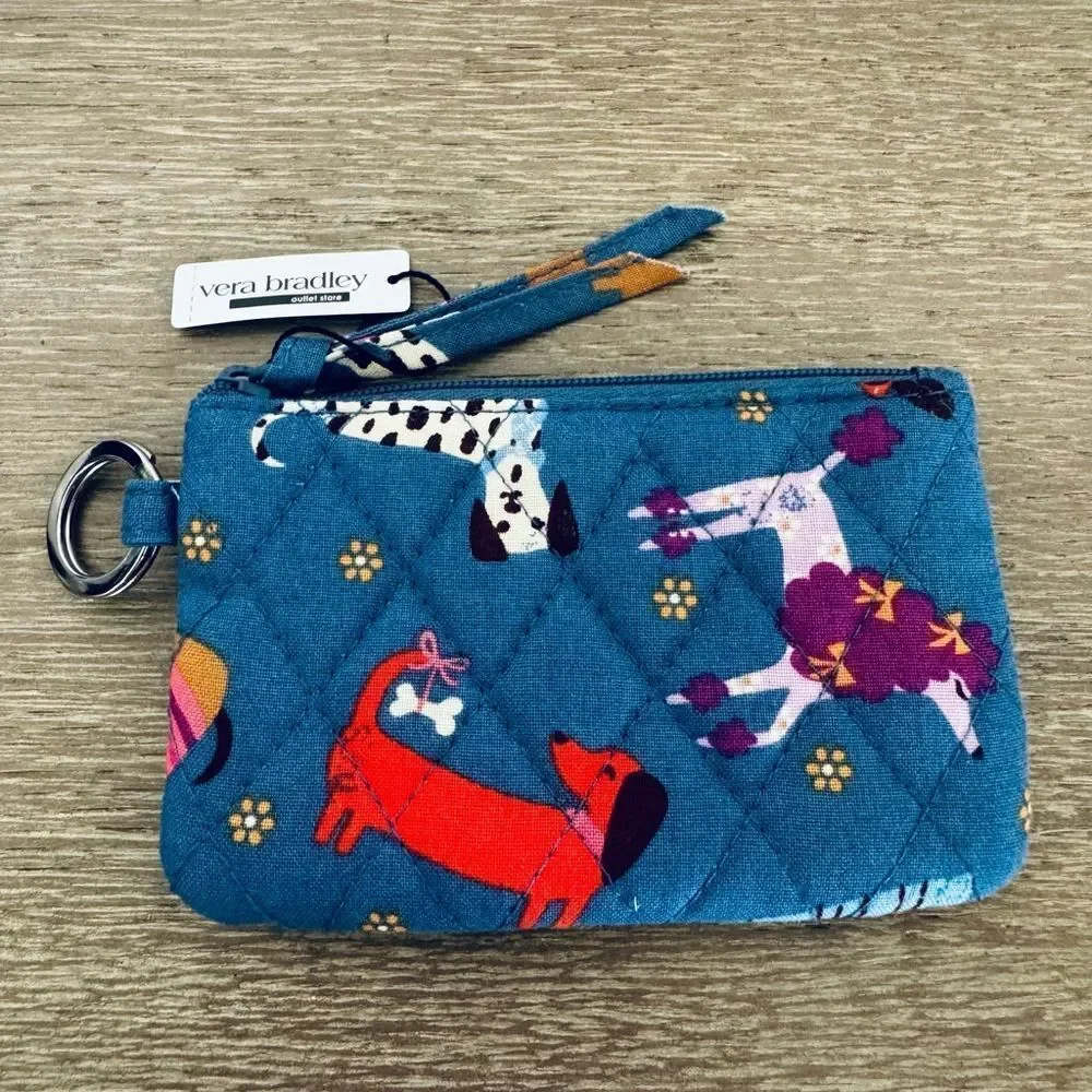 Vera Bradley Bark Park Dog Print Blue Zip ID Case Coin Purse